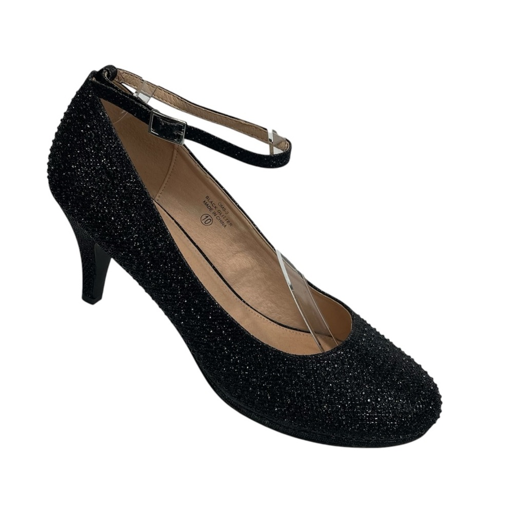 New Womens Ankle Strap Heel 3” Shoes Pump Black Glitter By Coqueta Size 10 M